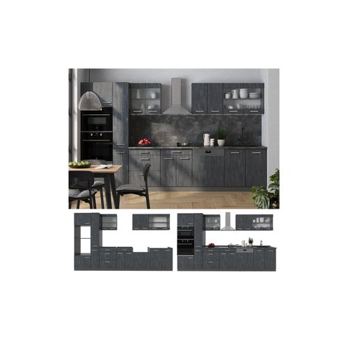 4066731411771 - Küchenzeile R-Line 350 cm Schwarz Beton Anthrazit mit Arbeitsplatte Anthrazit