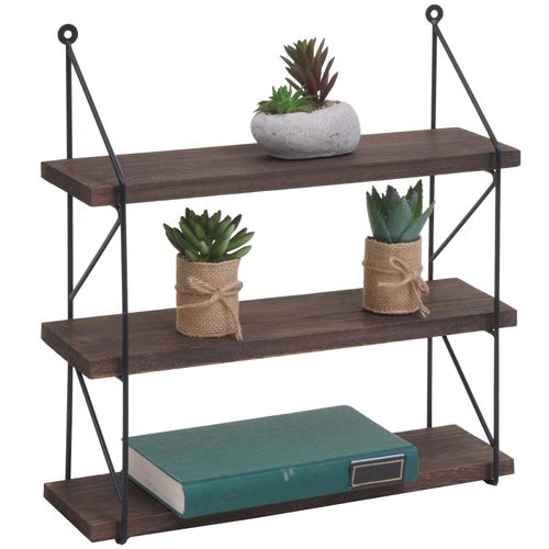 4057651823645 - Wandregal MCW-K78 Hängeregal Schweberegal Regal 3 Regalböden Metall Massiv-Holz Industrial 40x40x13cm ~ dunkelbraun