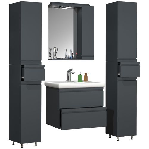 4051814427770 - 5-tlg Waschplatz Waschtisch Unterschrank 60 cm Badmöbel Set mit Keramik Waschbecken grifflosen Schubladen Spiegelschrank 2x Hochschrank Komplettset Silora L 4051814427770 - 5-tlg Waschplatz Waschtisch Unterschrank 60 cm Badmöbel Set mit Keramik Waschbecken grifflosen Schubladen Spiegelschrank 2x Hochschrank Komplettset Silora L