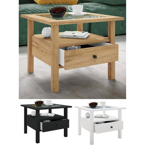 4051814428005 - Holz Beistelltisch mit ESG-Sicherheitsglas Couchtisch schlicht Maße ca H 42 x B 54 x T 54 cm Wohnzimmertisch mit Schublade Sofatisch - Lingis M