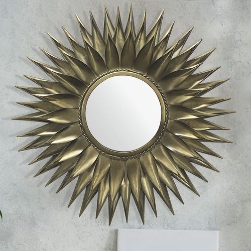4251757722592 - Finebuy - Wandspiegel Sonne 74 cm Metall Design Hängespiegel Messing Antik Eisen Dekospiegel Rund Spiegel Wand Groß Flurspiegel Garderobenspiegel