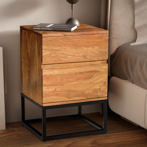 4251757723803 - Finebuy - Nachttisch Sheesham Massivholz Metall 40x38x60 cm Nachtschrank Boxspringbett Design Nachtkonsole mit 2 Schubladen Nachtkommode Industrial