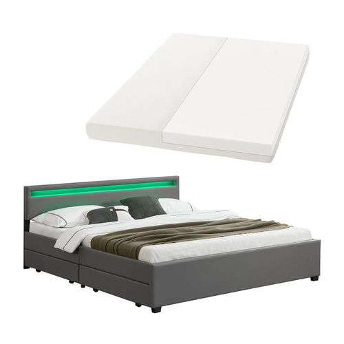 4260304766552 - Polsterbett Lyon 180 x 200 cm mit Bettkasten led Beleuchtung Lattenrost & Matratze - Kunstleder & Holz – Bett Bettgestell Doppelbett grau - Juskys 4260304766552 - Polsterbett Lyon 180 x 200 cm mit Bettkasten led Beleuchtung Lattenrost & Matratze - Kunstleder & Holz – Bett Bettgestell Doppelbett grau - Juskys