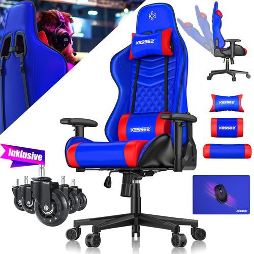 4255598339179 - KESSER® Gaming Stuhl Ergonomisch Bürostuhl mit Kopfstütze & Lendenkissen Racing Gamer Stuhl 150kg belastbar Armlehne 360° Drehbarer Schreibtischstuhl Gaming Chair + Gummi-Rollen