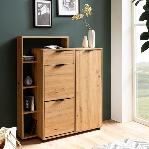 4251757723759 - Finebuy - Schuhschrank Eiche-Dekor 98x110x30 cm Schuhkipper Geschlossen Schuhkommode mit Schublade Modern Flurschrank mit Regal und Ablage