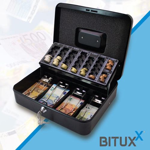 4250394561519 - Bituxx - 30cm Schwarz Geldkassette mit Geldschein Klammern Münzkassette Geldkasse Geld Kasse Safe Zählkassette Transportkassette Kasse Transportbox