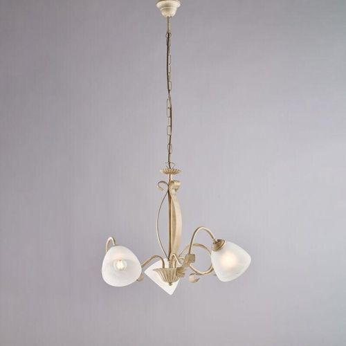 8057724580419 - Lampadario in ferro laccato avorio con decorazione oro antico e diffusori in vetro diametro 13 alabastro bianchi 5 luci H45 - MAX 105 - Ø64