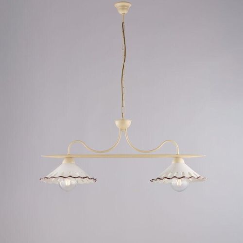 8057724580105 - Belight - Lampadario in ferro laccato avorio e decorazione effetto decapè con diffusori in ceramica diametro 30 bianco e marrone 2 luci H36 - max 96