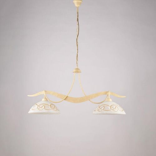 8057724580891 - Lampadario in ferro laccato avorio con decorazione effetto decapè e diffusori in vetro diametro 30 bianchi e ambra 2 luci H46 - MAX 106 - L 89 X 30