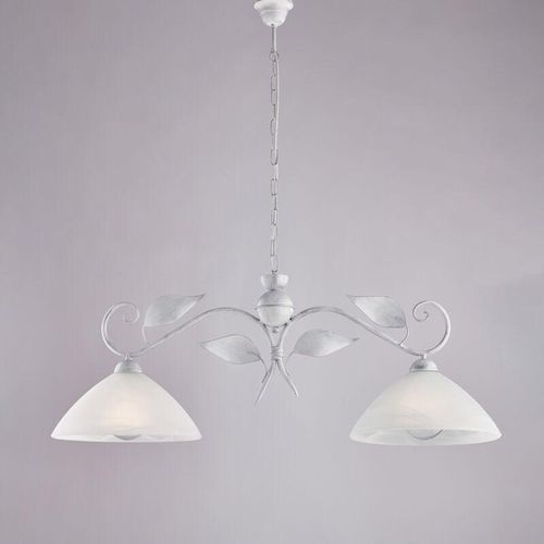 8057724580617 - Lampadario in ferro laccato bianco con decorazione argento antico e diffusori in vetro diametro 30 alabastro bianchi 2 luci H36 - MAX 96 - L 96 X 30