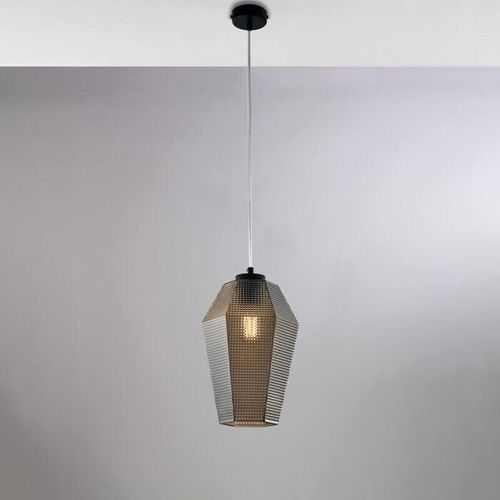 8057724581850 - Belight - Sospensione in ferro laccato nero con cavo elettrico regolabile e diffusore in vetro soffiato grigio specchiato con decoro in rilievo 1