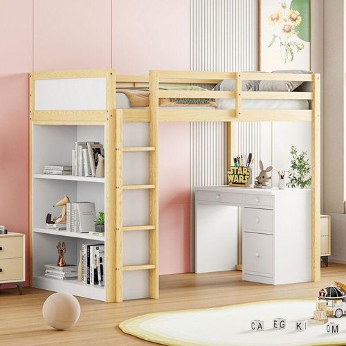 8421280777338 - Redom - Hochbett 90 x 200 cm mit Aufbewahrungsschränken und Computertisch multifunktionales Hochbett für Kinder aus Holz Holzfarbe