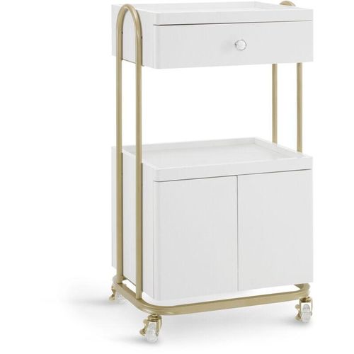 8429381088353 - Mcombo - m Servierwagen mit Rollen & Schublade Rollwagen Friseurwagen Weiß-Gold Salon Trolley mit 2 Ablagen und Schrank Moderner Arbeitswagen für