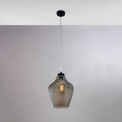 8057724581508 - Sospensione in ferro laccato nero con cavo elettrico regolabile e diffusore in vetro soffiato grigio specchiato con decoro in rilievo 1 luce H35