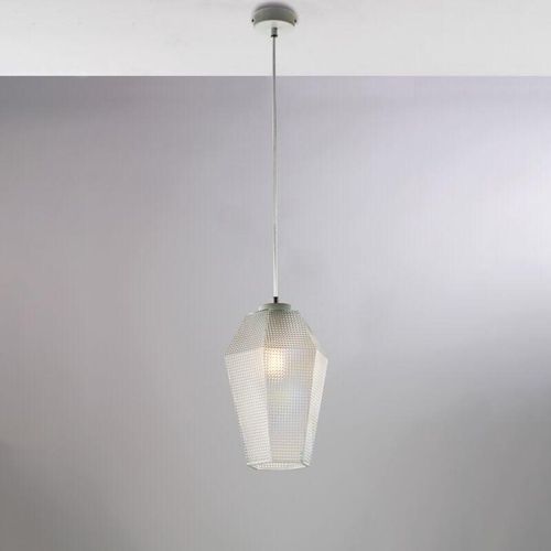 8057724581829 - Belight - Sospensione in ferro laccato bianco con cavo elettrico regolabile e diffusore in vetro soffiato trasparente con decoro in rilievo 1 luce