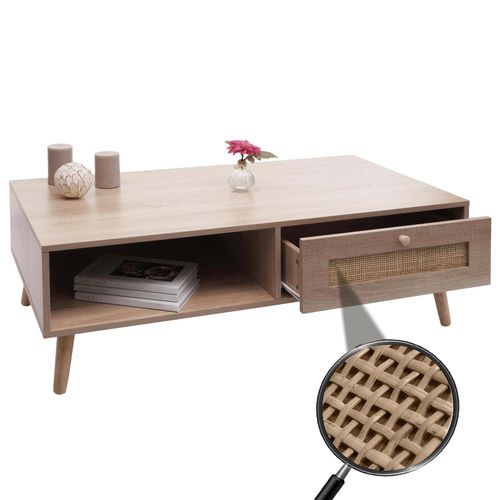 4057651816951 - Couchtisch MCW-M39 Wohnzimmertisch Beistelltisch Sofatisch Schublade Kubu Rattan Holz Melamin 37x110x59cm Eiche-Optik 4057651816951 - Couchtisch MCW-M39 Wohnzimmertisch Beistelltisch Sofatisch Schublade Kubu Rattan Holz Melamin 37x110x59cm Eiche-Optik