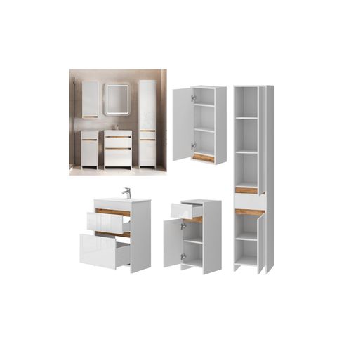 4066731415502 - Badmöbel-Set Detmold Weiß Hochglanz Eiche 60 cm 5 Teile 4066731415502 - Badmöbel-Set Detmold Weiß Hochglanz Eiche 60 cm 5 Teile