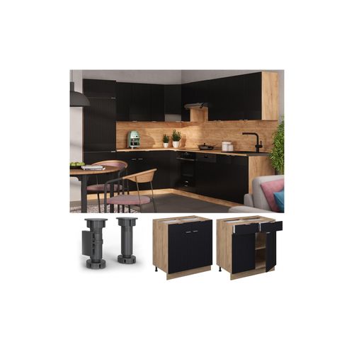 4066731456901 - Schubunterschrank Fame-Line Eiche Schwarz gestreift 80 cm mit Arbeitsplatte Eiche