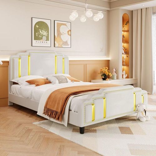 8431279536860 - Redom - Flaches Bett 140200cm Polsterbett goldene Streifen leichter Luxusstil minimalistischer Stil Beige