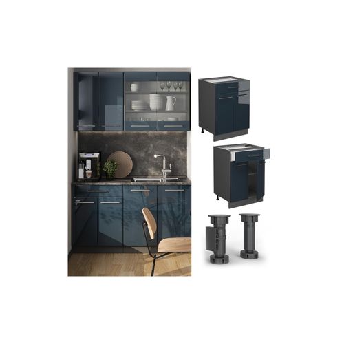 4066731406364 - Schubunterschrank Fame-Line Anthrazit Dunkelblau Hochglanz 60 cm mit Arbeitsplatte Anthrazit