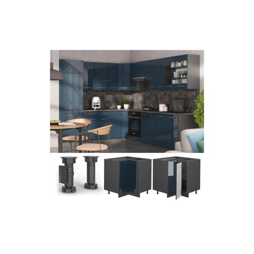 4066731406494 - Eckunterschrank Fame-Line Anthrazit Dunkelblau Hochglanz 87 cm mit Arbeitsplatte Eiche 4066731406494 - Eckunterschrank Fame-Line Anthrazit Dunkelblau Hochglanz 87 cm mit Arbeitsplatte Eiche