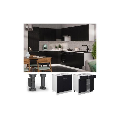 4066731458257 - Schubunterschrank Fame-Line Weiß Schwarz gestreift 80 cm mit Arbeitsplatte Eiche