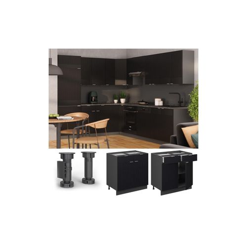 4066731455713 - Schubunterschrank Fame-Line Anthrazit Schwarz gestreift 80 cm mit Arbeitsplatte Anthrazit