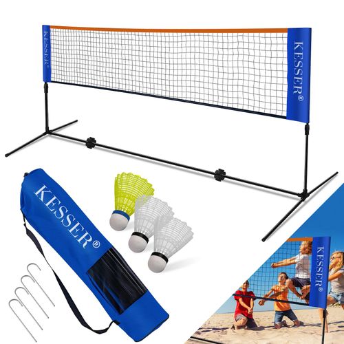 4260692710564 - KESSER® Badmintonnetz Tennisnetz 300cm 400cm 500 cm Federballnetz 3-Fach-Höhenverstellbar Set bestehend aus Netz 3x Feder- & Tennisball stabilem Eisen-Gestell Transporttasche Indoor & Outdoor