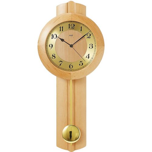 4037445135352 - Funk-Pendelwanduhr AMS F5165 16 braun (erlefarben) Wanduhren B H L 25cm x 10cm x 62cm Quarzuhr Holz- Glasgehäuse ErleEsszimmerWohnzimmerMade in Germany