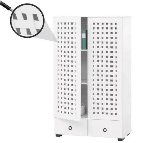 4057651861951 - Schrank MCW-N87 Wohnzimmerschrank 3D-Flecht-Design 2 Türen 3 Staufächer 2 Schubladen Soft-Close 138x80x36cm ~ weiß 4057651861951 - Schrank MCW-N87 Wohnzimmerschrank 3D-Flecht-Design 2 Türen 3 Staufächer 2 Schubladen Soft-Close 138x80x36cm ~ weiß