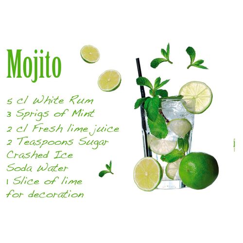 4036834377083 - KOMAR Wandtattoo Mojito Wandtattoos 100x70 cm (Breite x Höhe) selbstklebendes Wandtattoo Gr B H 100 cm x 90 cm Cocktails-Limetten-Schrift grün Wandtattoos Natur