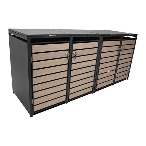 4050747101641 - Degamo - Mülltonnenbox 264x80x116cm für 4x Tonnen 120 und 240 Liter Stahl anthrazit mit Türen Holzoptik - braun 4050747101641 - Degamo - Mülltonnenbox 264x80x116cm für 4x Tonnen 120 und 240 Liter Stahl anthrazit mit Türen Holzoptik - braun