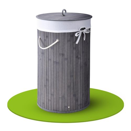 4260565524434 - Bambus Wäschekorb Curly-Round – 55 Liter Volumen – Wäschesammler mit Deckel Tragegriffen & Stoff Wäschesack – 1 Fach Wäschebox – in Grau - Juskys 4260565524434 - Bambus Wäschekorb Curly-Round – 55 Liter Volumen – Wäschesammler mit Deckel Tragegriffen & Stoff Wäschesack – 1 Fach Wäschebox – in Grau - Juskys