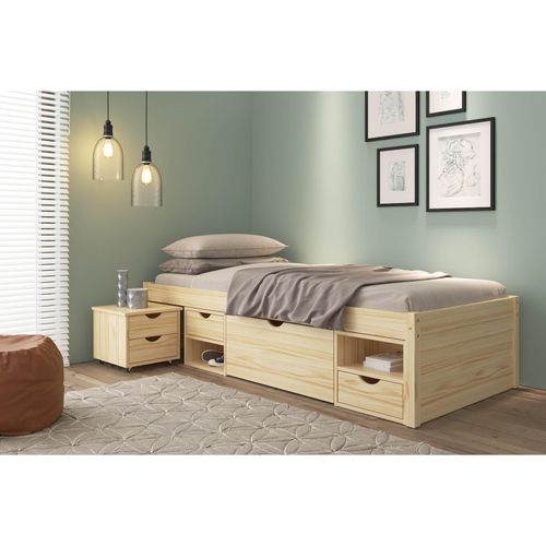 4010340346306 - Inter Link - Bett mit Aufbewahrung und Nachttisch mit Rollen in massivem Kiefernholz natur 4010340346306 - Inter Link - Bett mit Aufbewahrung und Nachttisch mit Rollen in massivem Kiefernholz natur