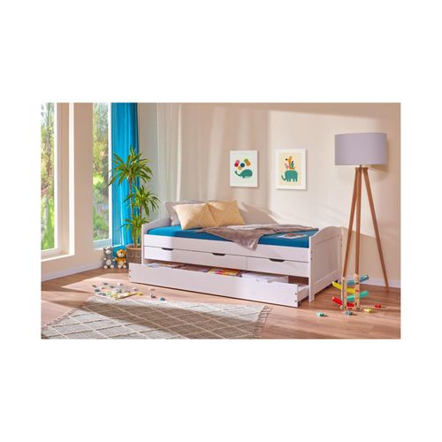 4010340292405 - Altri - Einzelbett mit unterem Ausziehbett und drei Schubladen weiß 98 x 63 x 195 cm