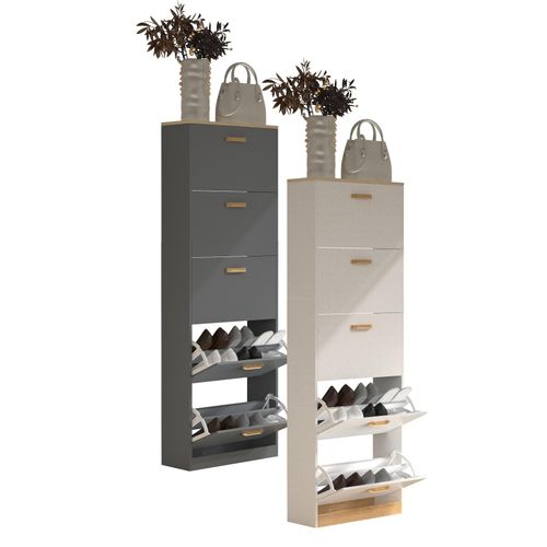 4051814441233 - Schuhschrank Holz Regal Kipper Schuhregal Schuhschrank Schuhkipper 5 Klappen Halom XL Gr 59 weiß B59cm H170cm T22cm Obermaterial 100% Holz Wood Schränke