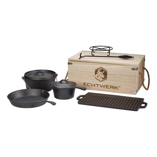 4260238062577 - Topf-Set Dutch Oven Gusseisen (Set 7-tlg Kochtopf Stieltopf Pfanne Grillplatte Deckelheber Untersetzer) Gusseisen BBQ Kochtopf-Set Feuertopf ofenfest Holzkiste schwarz 4260238062577 - Topf-Set Dutch Oven Gusseisen (Set 7-tlg Kochtopf Stieltopf Pfanne Grillplatte Deckelheber Untersetzer) Gusseisen BBQ Kochtopf-Set Feuertopf ofenfest Holzkiste schwarz