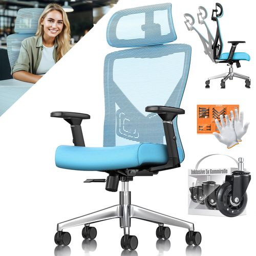 4255598338660 - KESSER® Bürostuhl mit verstellbaren Armlehnen Drehstuhl mit Lendenwirbelstütze Rückenschonend Schreibtischstuhl ergonomisch mit Kopfstütze Office Chair Wippfunktion bis 125° mit 5x Gummirollen