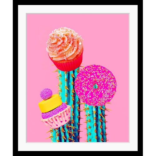 4049009894636 - Bild QUEENCE Selina Bilder Gr B H 30 cm x 40 cm Wandbild Süßspeisen Hochformat bunt (pink gelb türkis) Kunstdrucke Donut gerahmt Kaktus Muffin