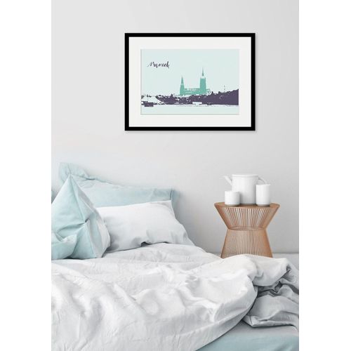 4049009839477 - Bild QUEENCE Munich Skizze Bilder Gr B H 50 cm x 40 cm Wandbild Städte Querformat 1 St blau Bild Kunstdruck Bilder mit Rahmen