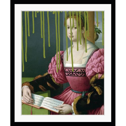 4049009882824 - Bild QUEENCE Lindsay Bilder Gr B H 30 cm x 40 cm Wandbild Frau Hochformat grün (grün pink) Kunstdrucke gerahmt Farbklecks Mittelalter Kleid Frau