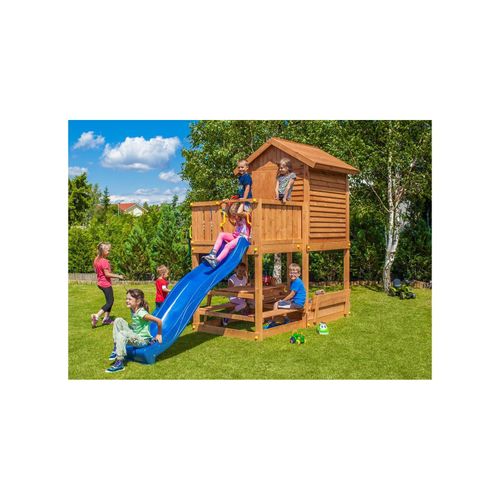 5902730330103 - Spielturm My House Free Time Beach teak mit Picknicktisch Sandkastenabdeckung Rutsche Haus mit Holzdach - Fungoo