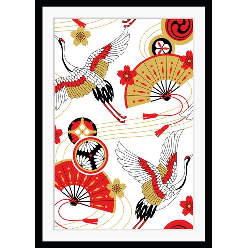 4049009890874 - Bild QUEENCE Karin Bilder Gr B H 30 cm x 40 cm Wandbild Vögel Hochformat bunt (gold rot) Kunstdrucke gerahmt Chinesisch Japanisch Kranich