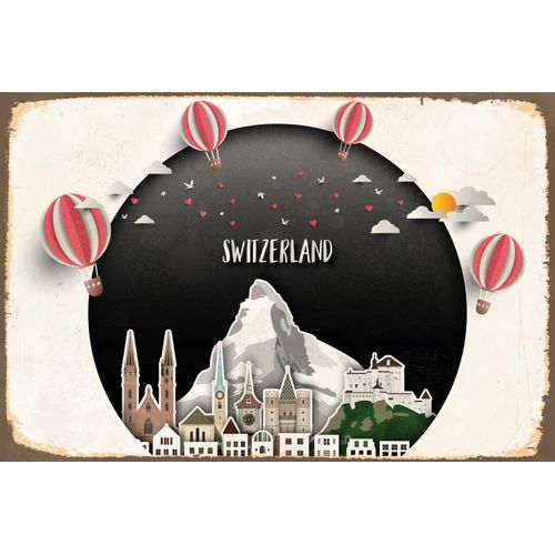 4049009927211 - Metallbild »Switzerland City« Schriftzüge-Schriftzug-Sprüche-Sprüche & Texte-Vintage-Schweiz-Berge & Alpenbilder Stahlschild Blechschild Schweiz