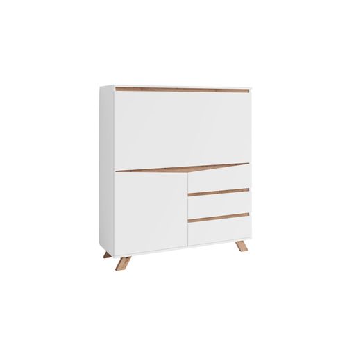 4251942246070 - Byliving - Sekretär valentin   Sekretär matt weiß mit Absetzung in Eiche-Optik   Office-Schrank mit 1 Tür und 3 Schubkästen   Scandi-Style   Grifflos