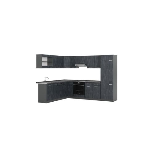 4066731403127 - Eckküche R-Line 287x227 cm Schwarz Beton Anthrazit mit Arbeitsplatte Anthrazit