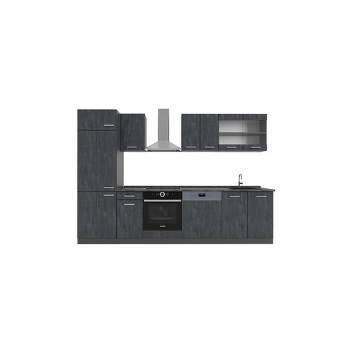 4066731403059 - Küchenzeile R-Line 300 cm Schwarz Beton Anthrazit mit Arbeitsplatte Weiß-Marmor