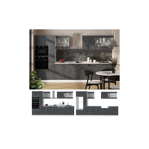 4066731403417 - Küchenzeile R-Line 350 cm Schwarz Beton Weiß mit Arbeitsplatte Eiche