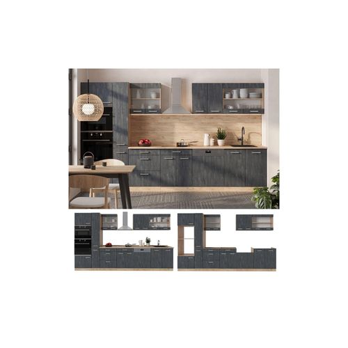 4066731411795 - Küchenzeile R-Line 350 cm Schwarz Beton Eiche mit Arbeitsplatte Eiche
