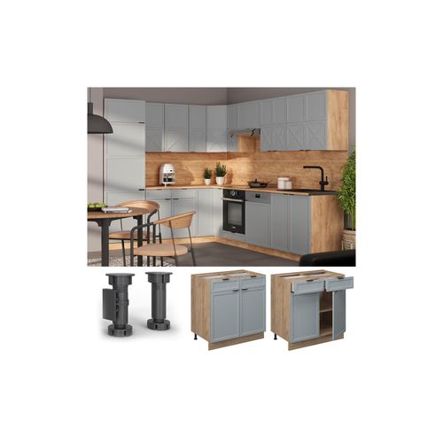 4066731456864 - Schubunterschrank Fame-Line Eiche Hellblau-Grau gerahmt 80 cm mit Arbeitsplatte Eiche